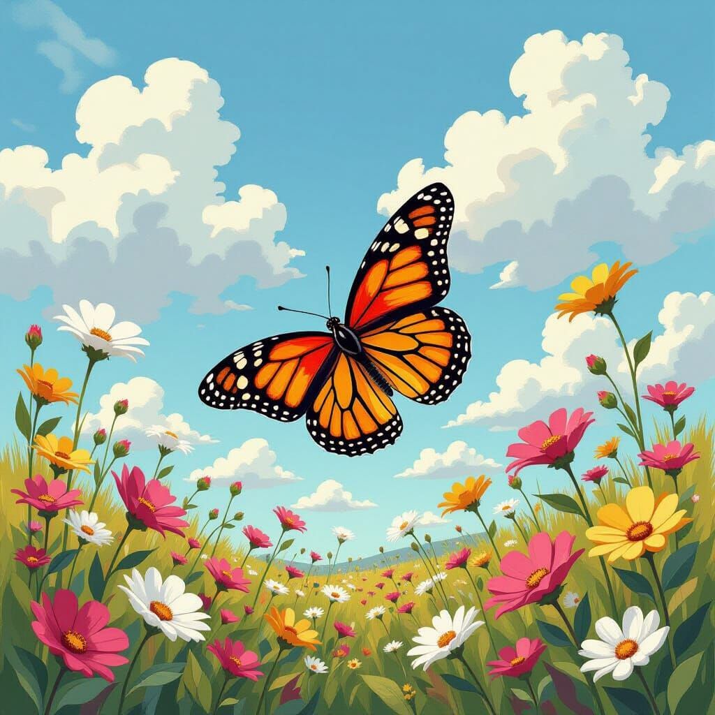 Butterfly in Gouache Style Impressionist Landscape