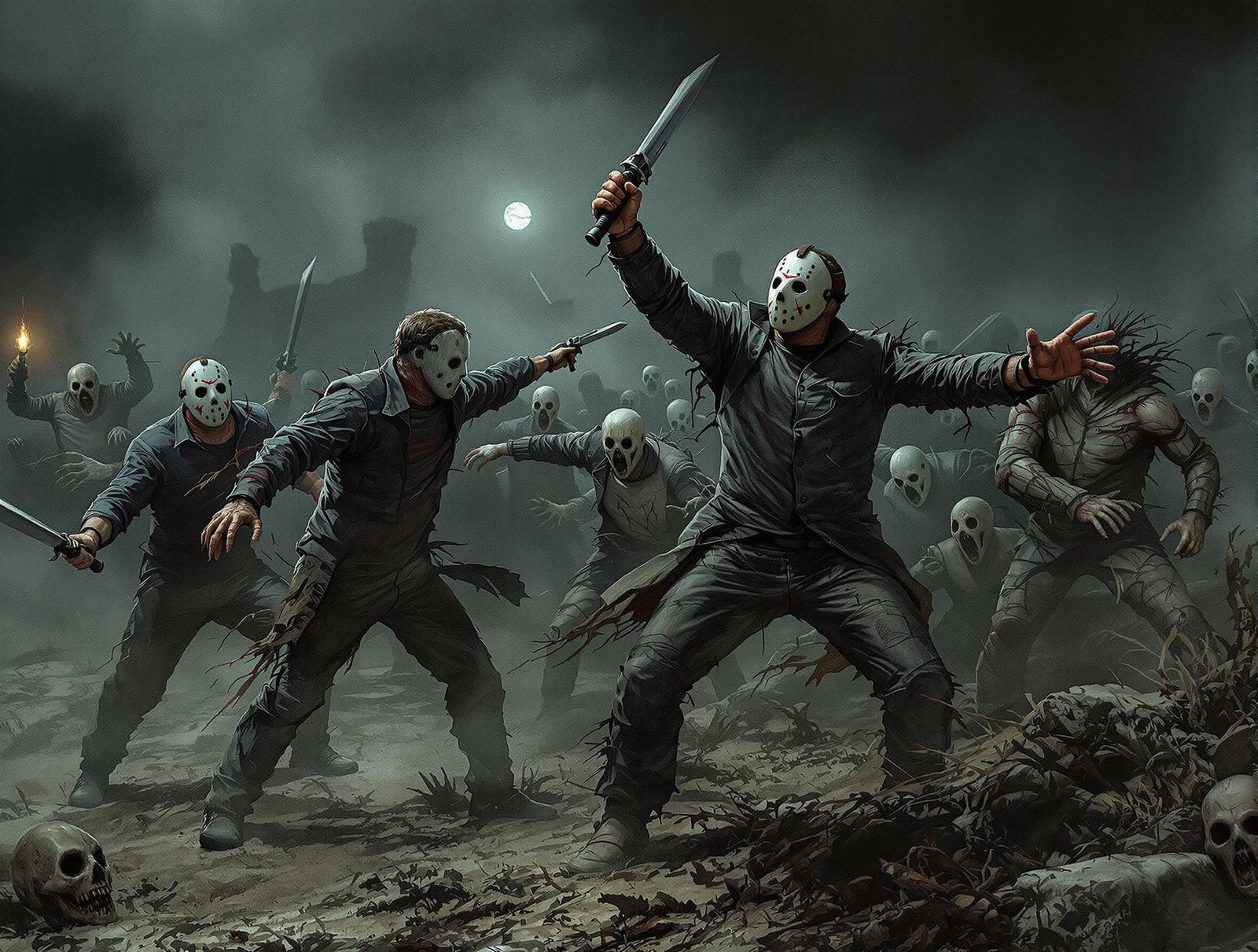 Horror Icons Battle Zombies on a Dark Night