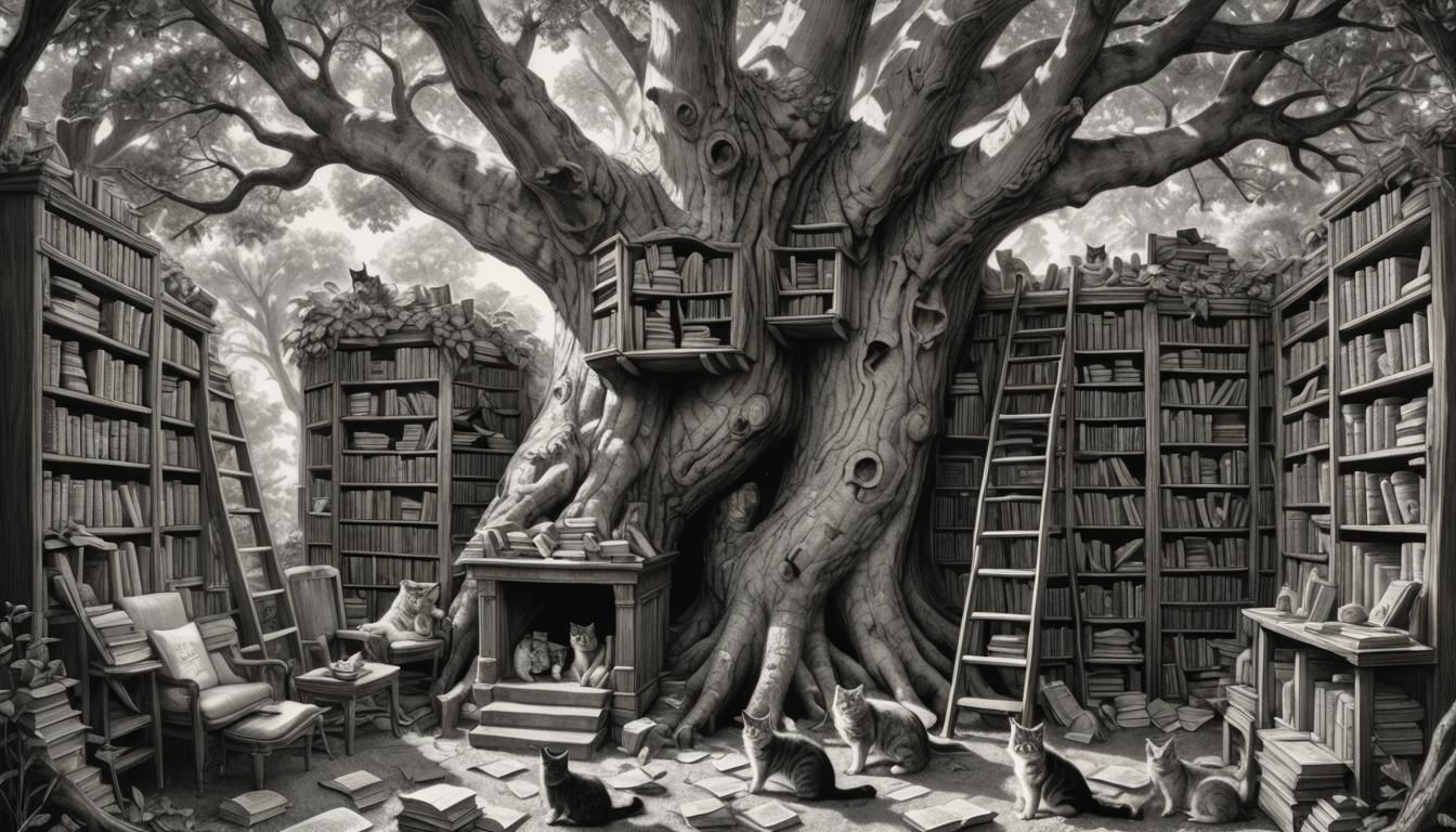 Charming Cat Library Inside Giant Oak Tree
