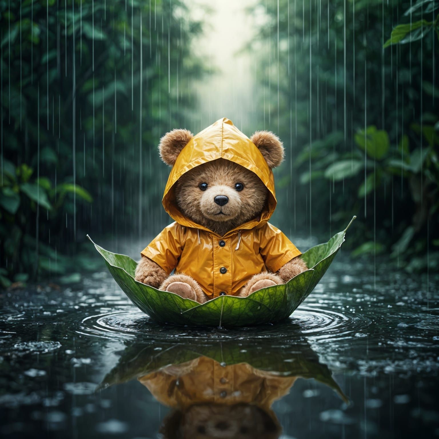 Hyperrealistic Teddy Bear in Leaf Boat on Rainy Day