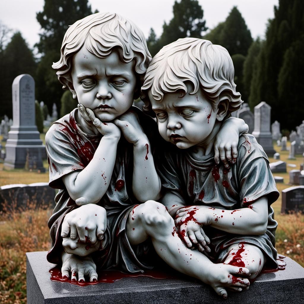 Sinister Cherub Statues Crying Blood Over Cemetery