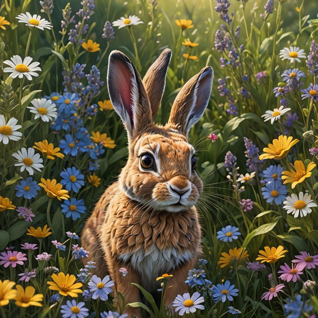 Adorable Baby Hare in Lush Meadow, Fantasy Art