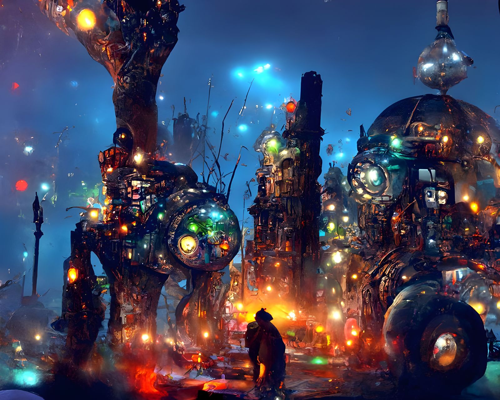 Dieselpunk Moss Golem in Biopunk Cityscape