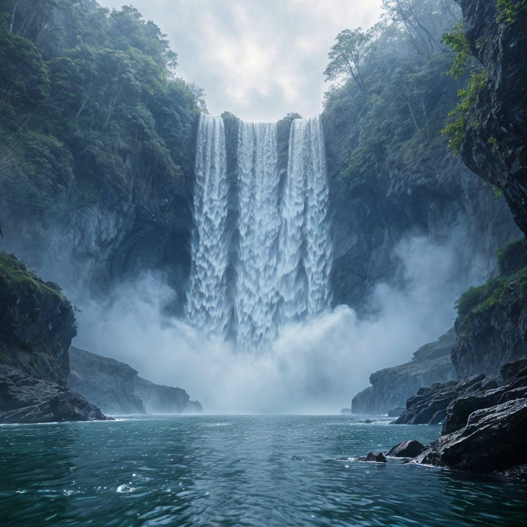 Underwater View of Dynamic Waterfall with Mist