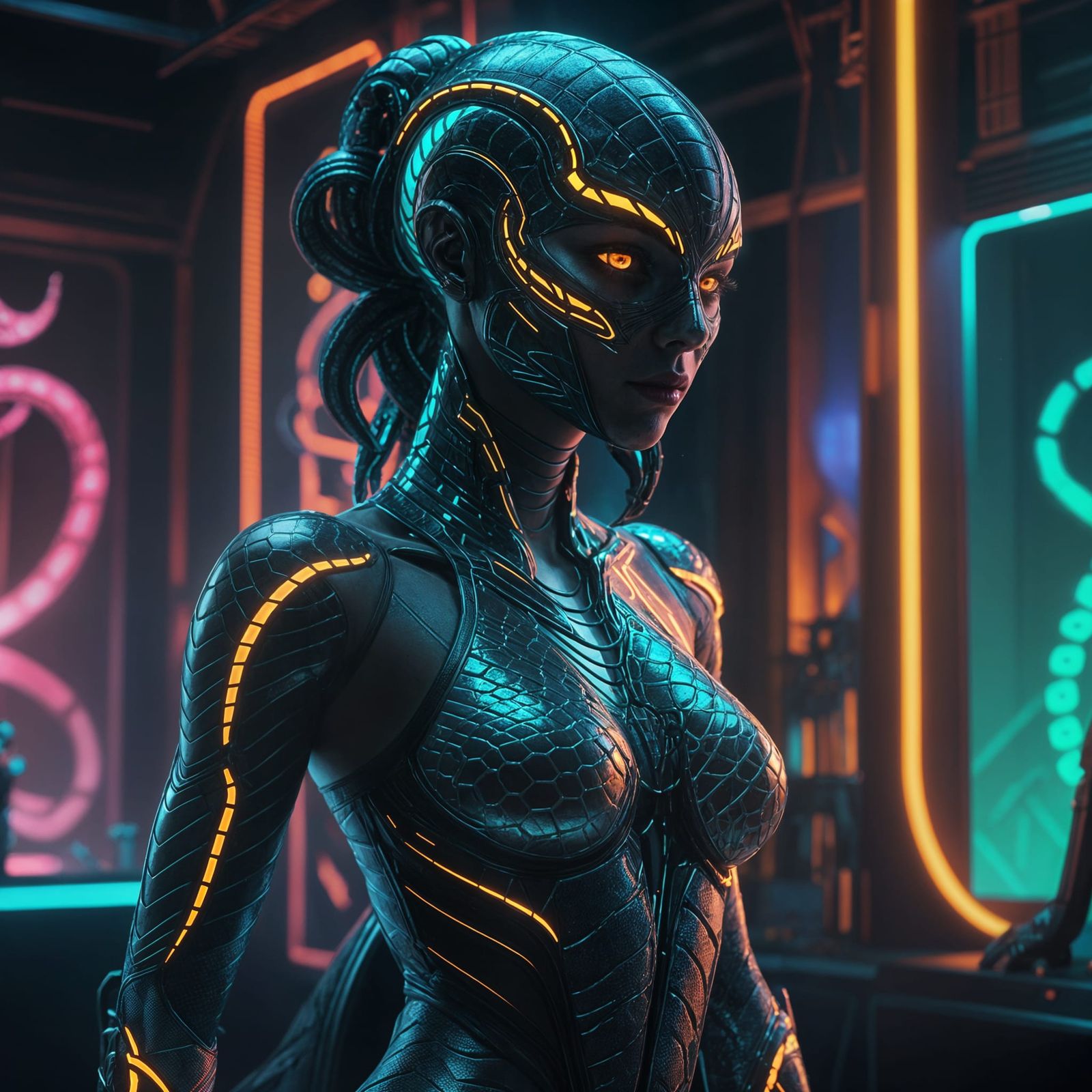 Futuristic Club Serpent Girl with Neon Glowing Scales