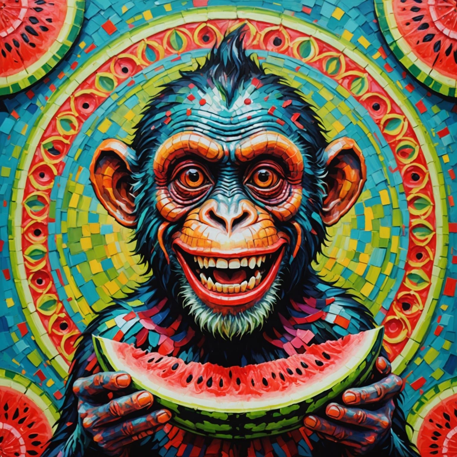 Vibrant Expressionist Zombie Monkey Clown Watermelon Mandala