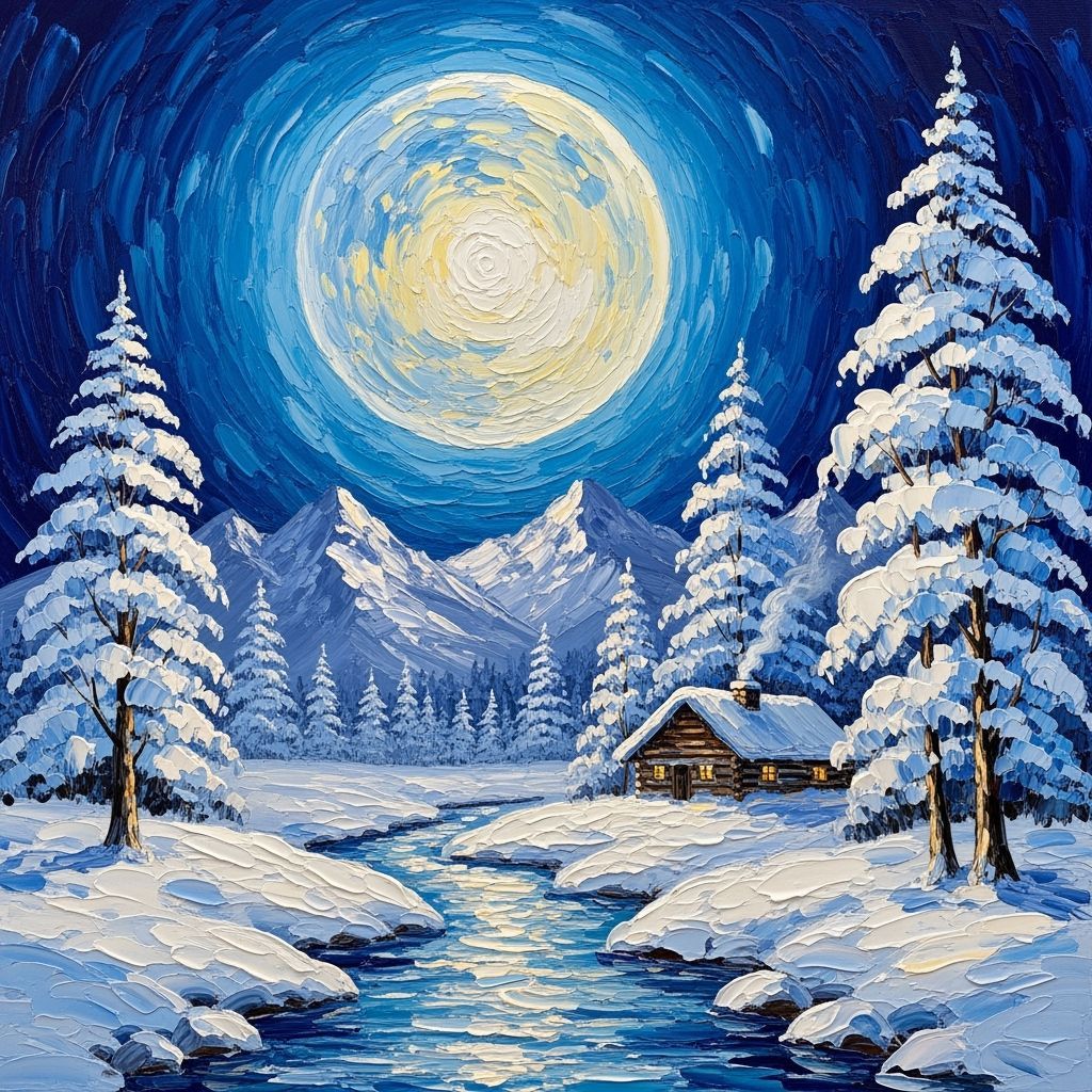 Winter Night Landscape with Luminous Moon