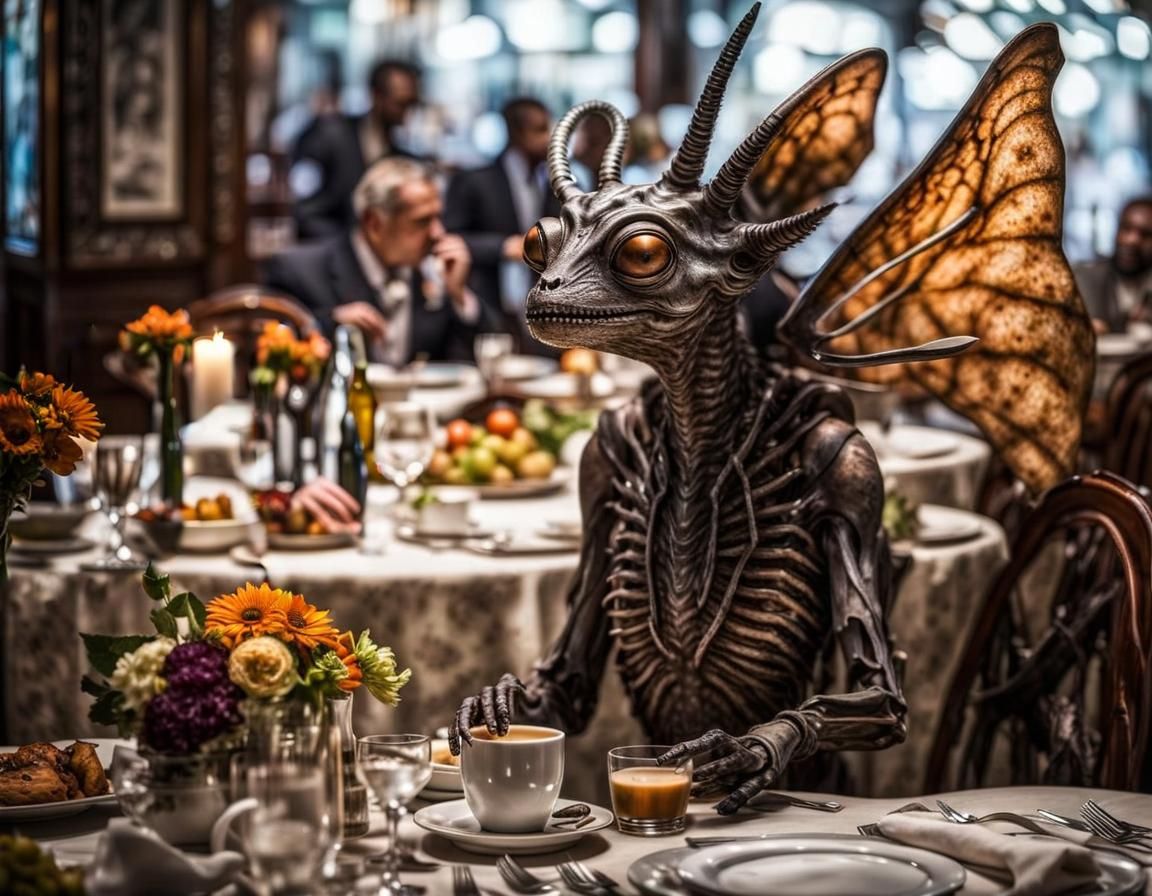 Surreal Alien Restaurant Celebration in Hyperrealistic Style
