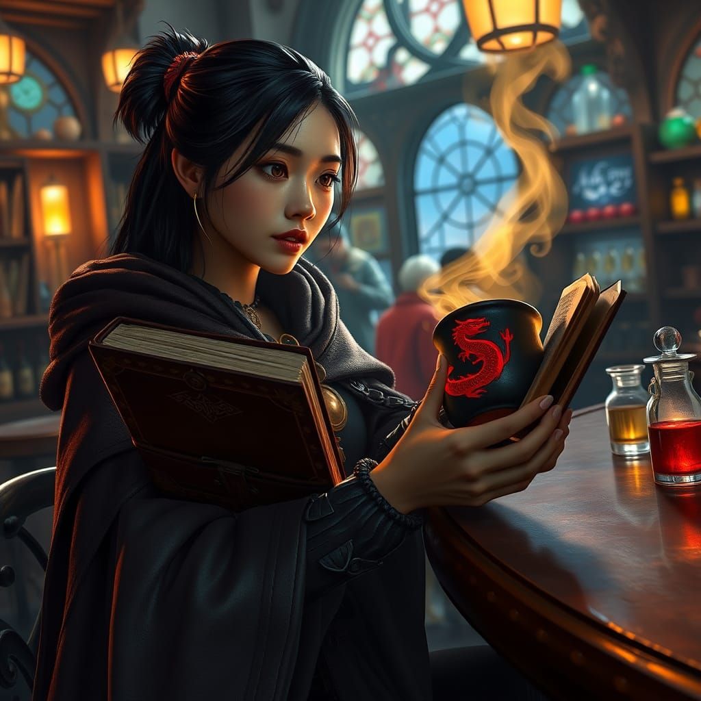 Fantasy Cafe Scene with Woman Reading, Detailed Matte Painti...