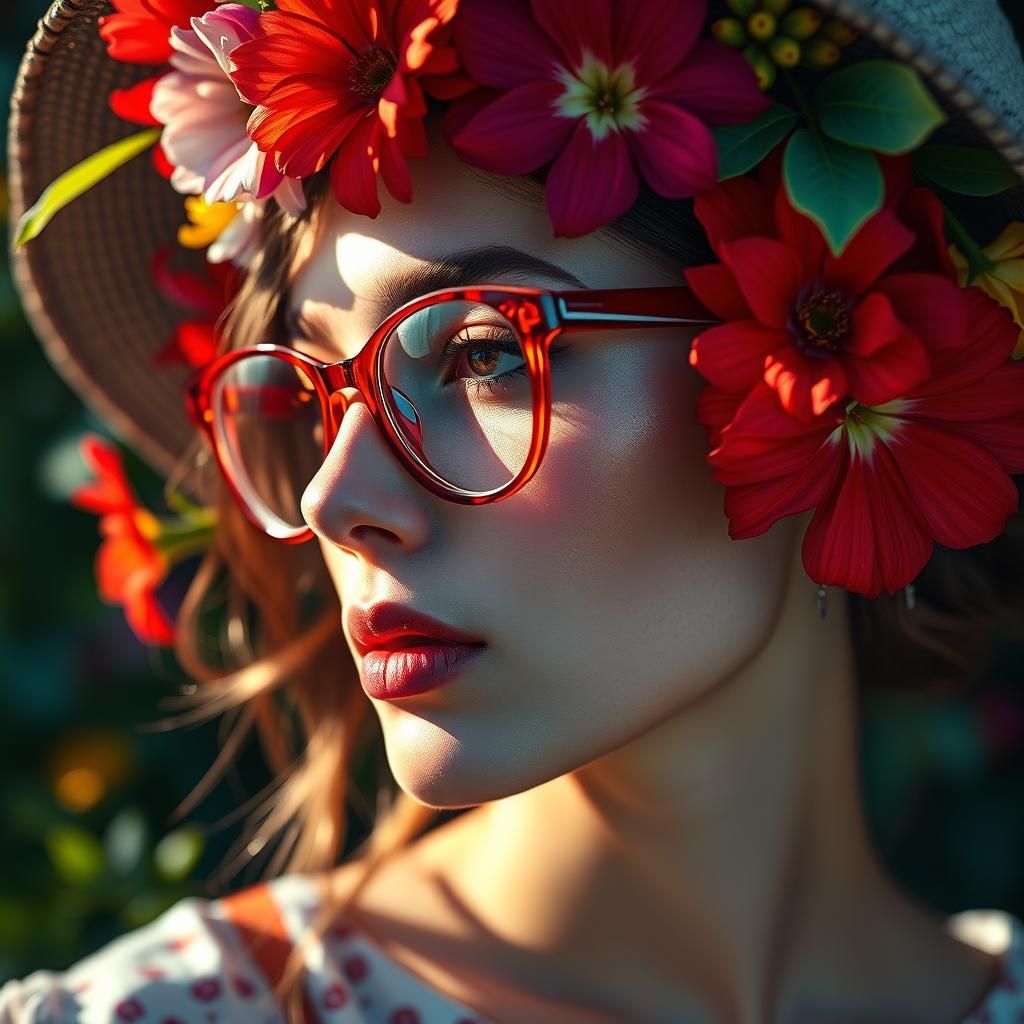 Woman in Flower Hat and Red Glasses, Hyperrealistic Art