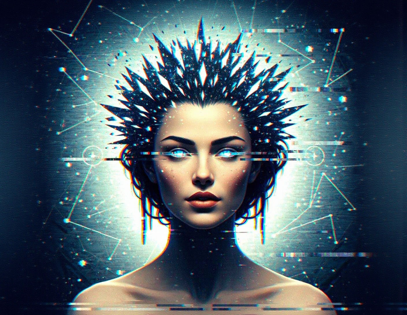 Bioluminescent Woman with Digital Glitches: Cyberpunk Portra...