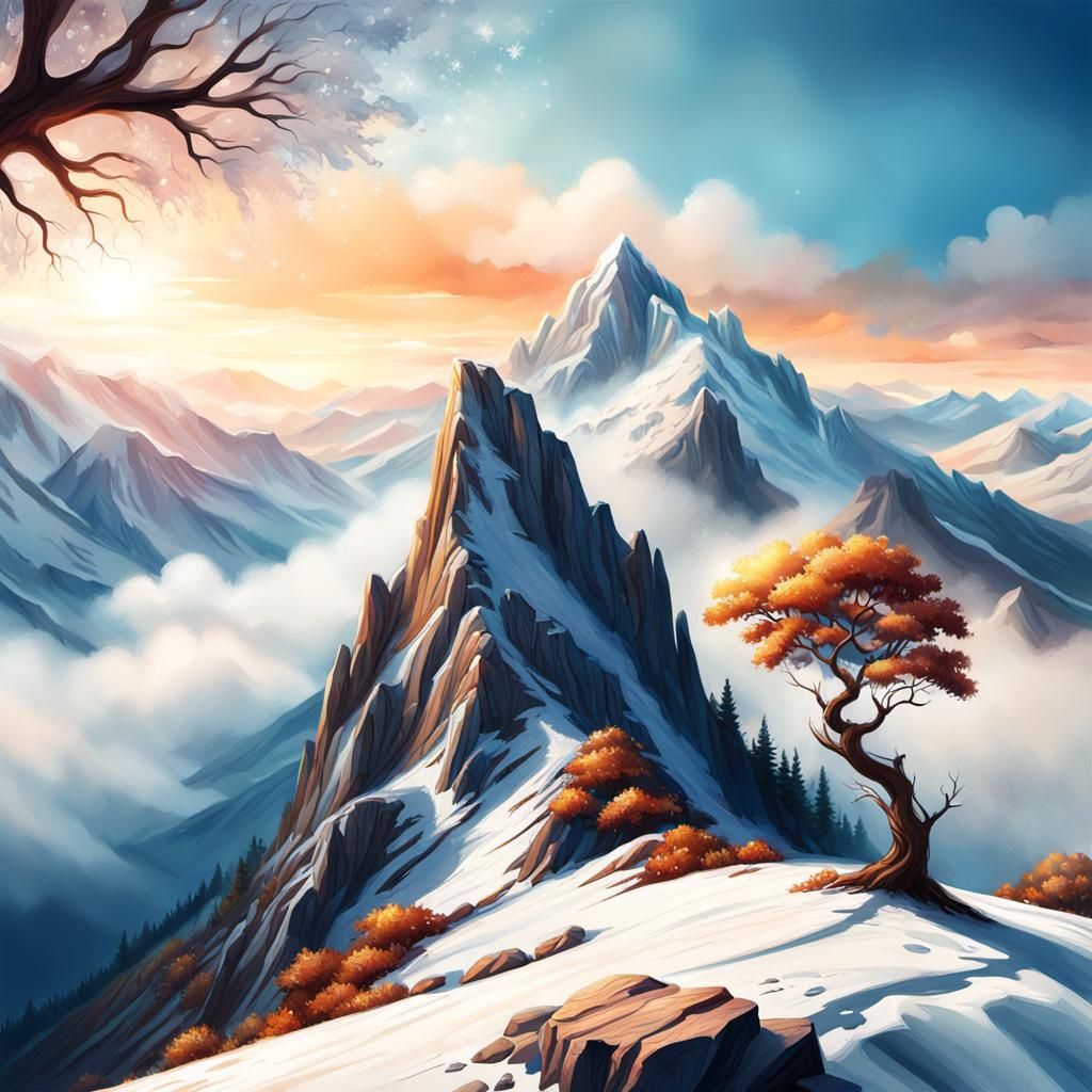 Snow-Capped Mountain in Splash Art Style