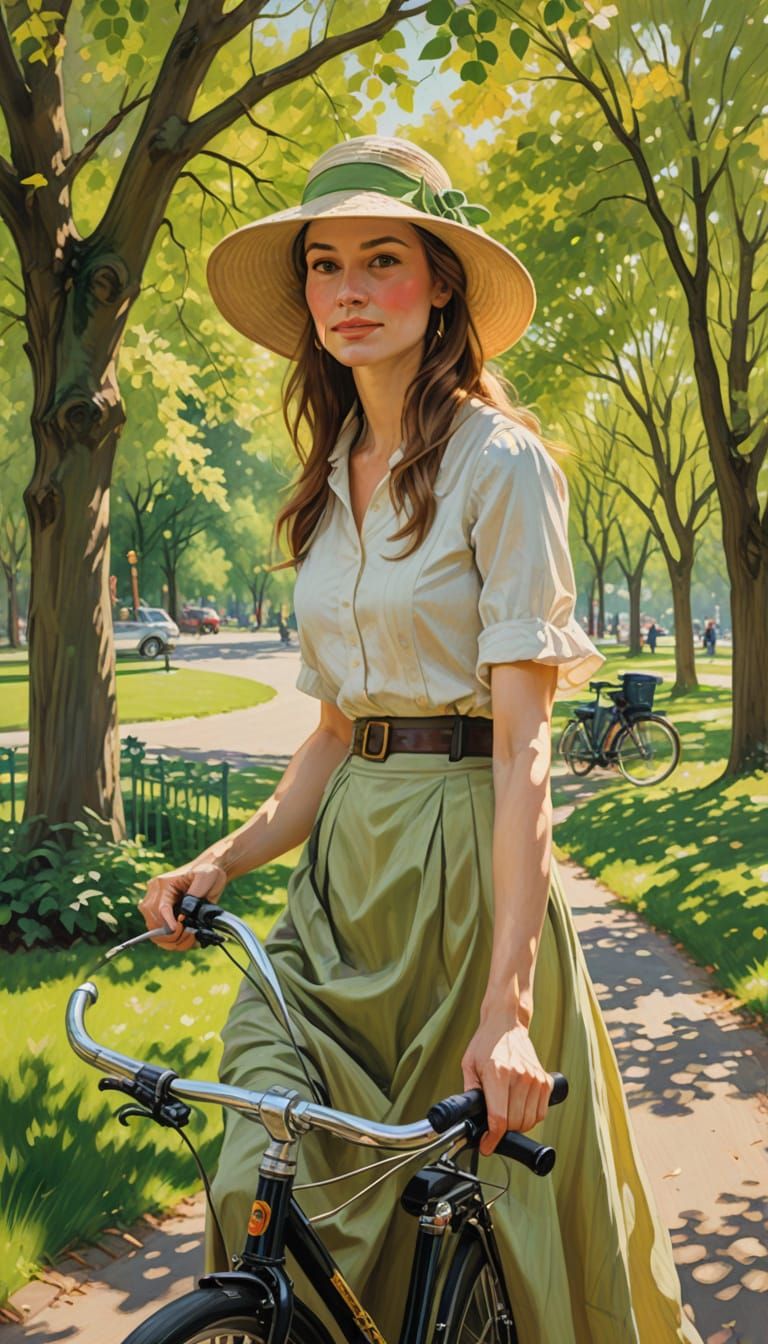 Woman on Bicycle in Sunny Park Oil Painting