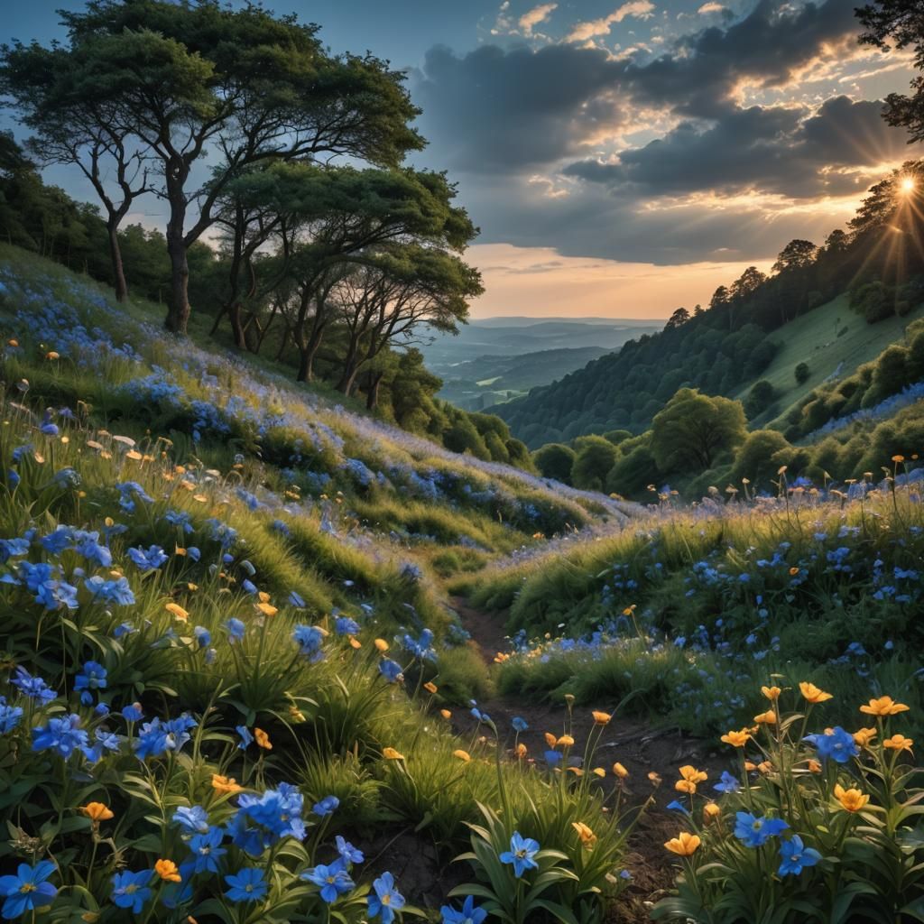 Blue Flowers and Sunset in Atmospheric Forest