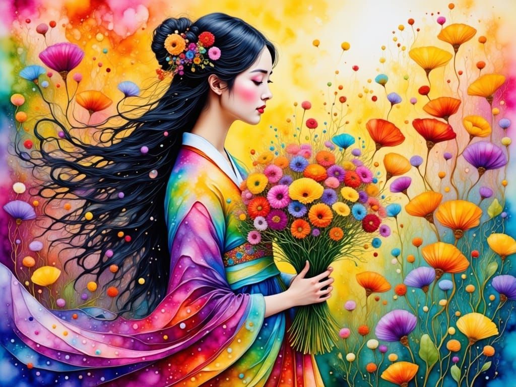 Whimsical Korean Woman in a Vibrant Floral Wonderland