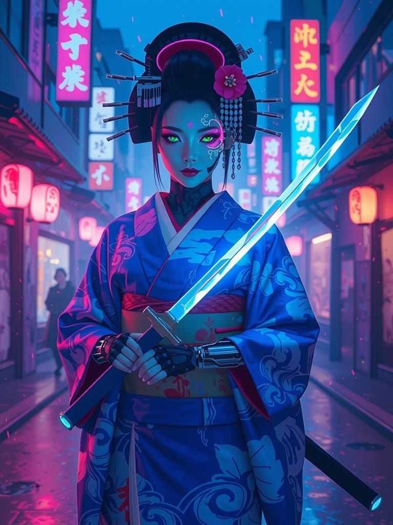 Cyberpunk Geisha with Energy Katana in Neon Anime City