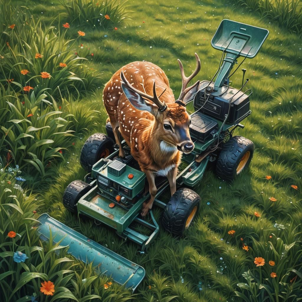 Surreal Deer Rides Lawnmower in Detailed Matte Painting
