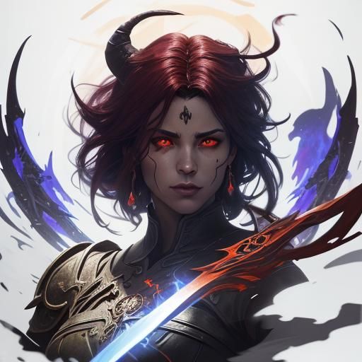 Tiefling Hexblade with Flaming Greatsword in Dark Fantasy St...