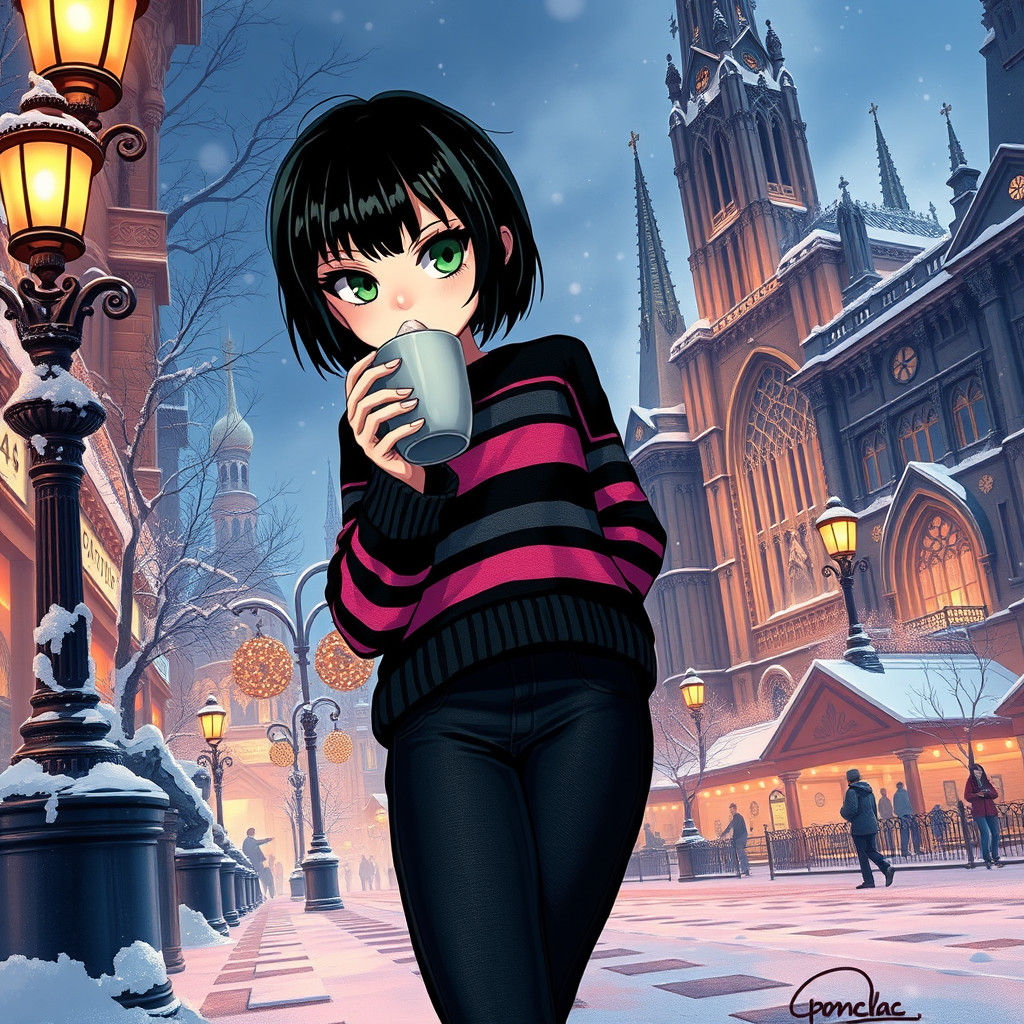 Emo Girl in Winter Cityscape, Anime-Inspired Art