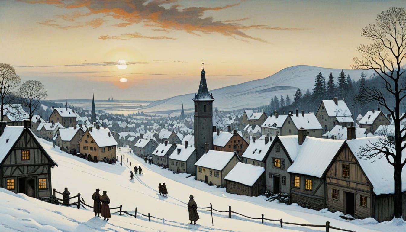 Winter Village in a Dreamlike Style