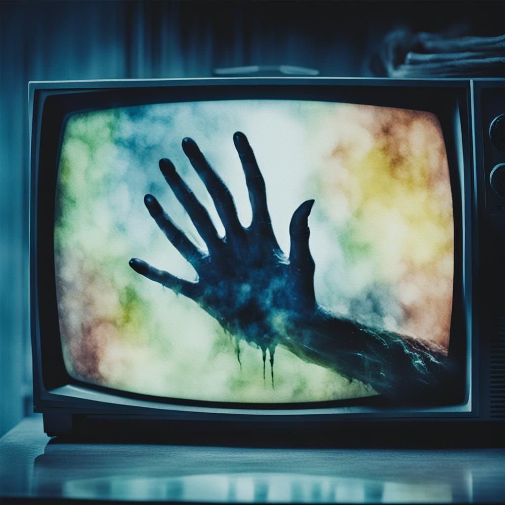 Ghostly Hand Emerges from TV Screen in Watercolour