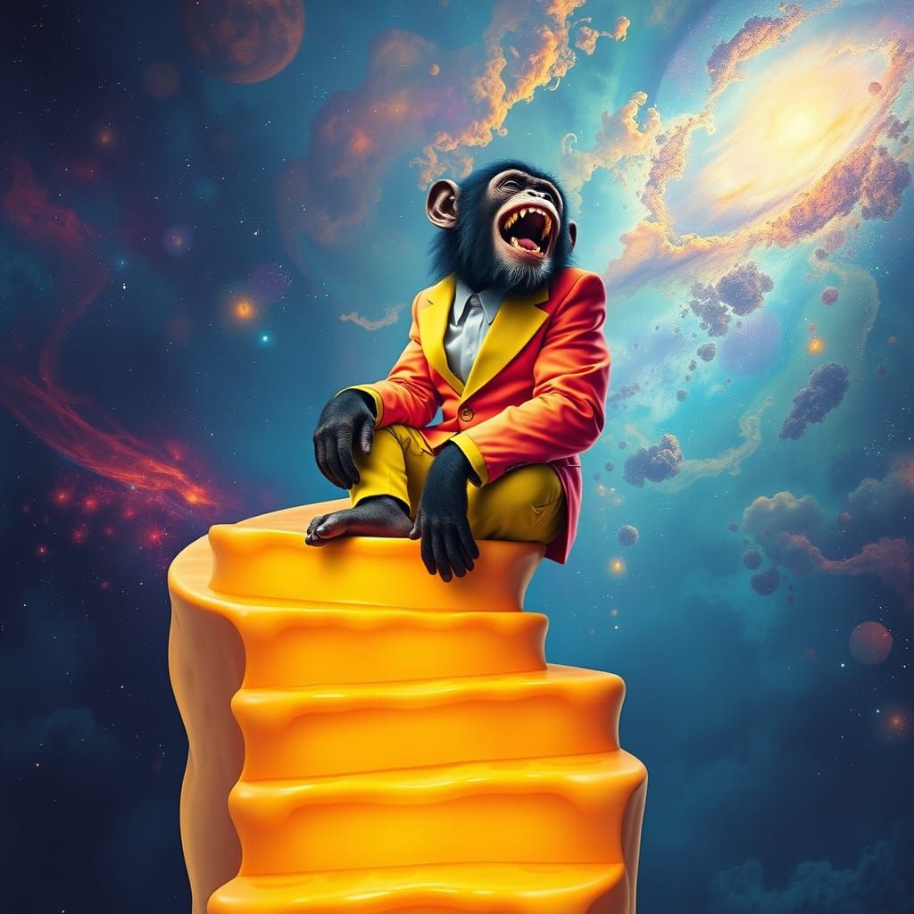 Laughing Chimp on Cheese Staircase in Cosmic Surrealism