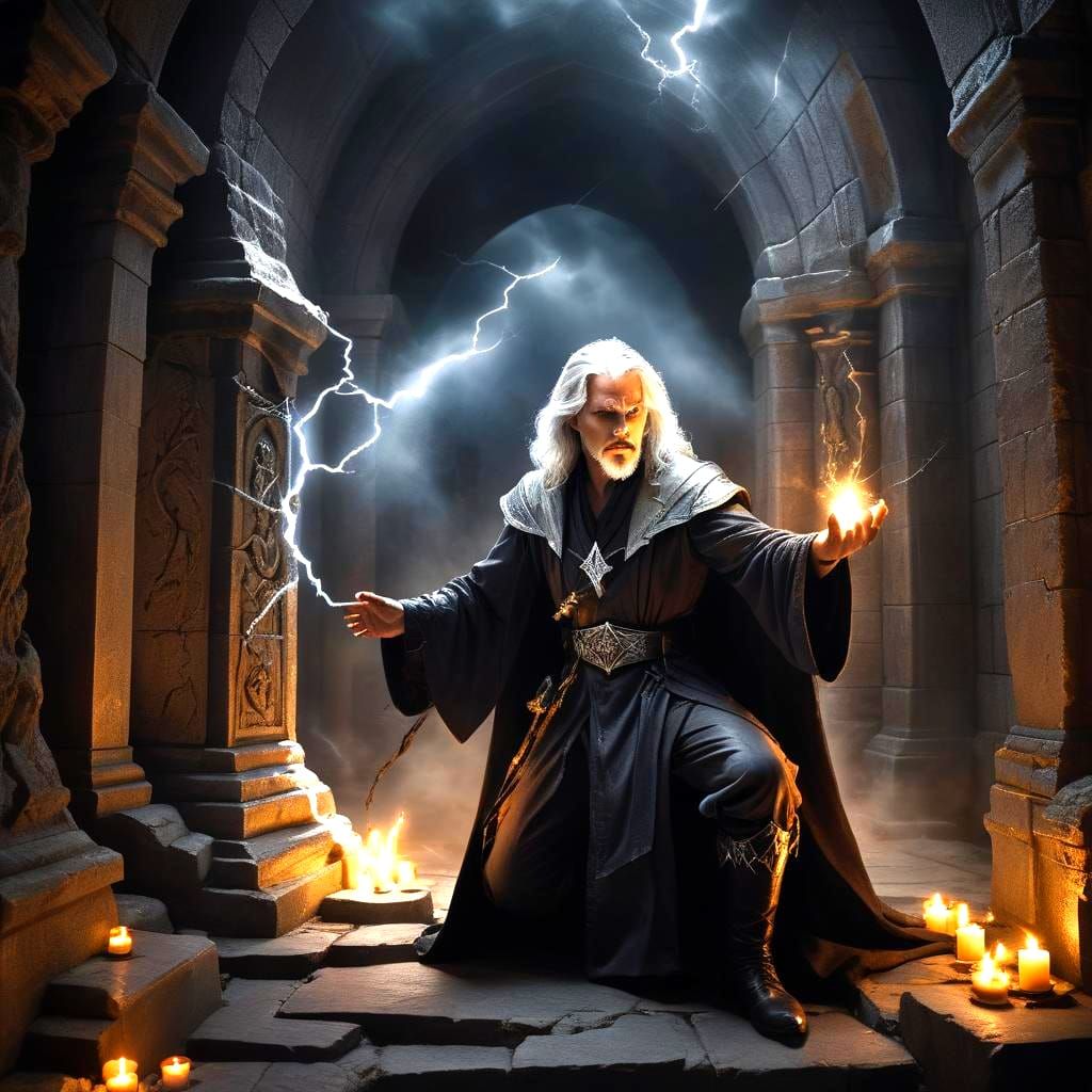Wizard Casting Lightning Spell in Dark Fantasy Art