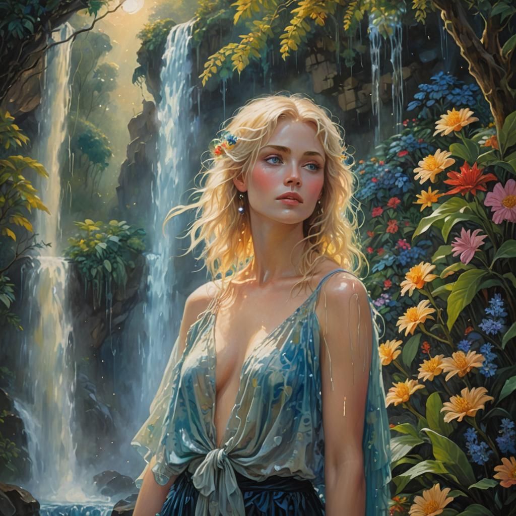 Woman Under Moonlit Waterfall in Romantic Symbolism Style