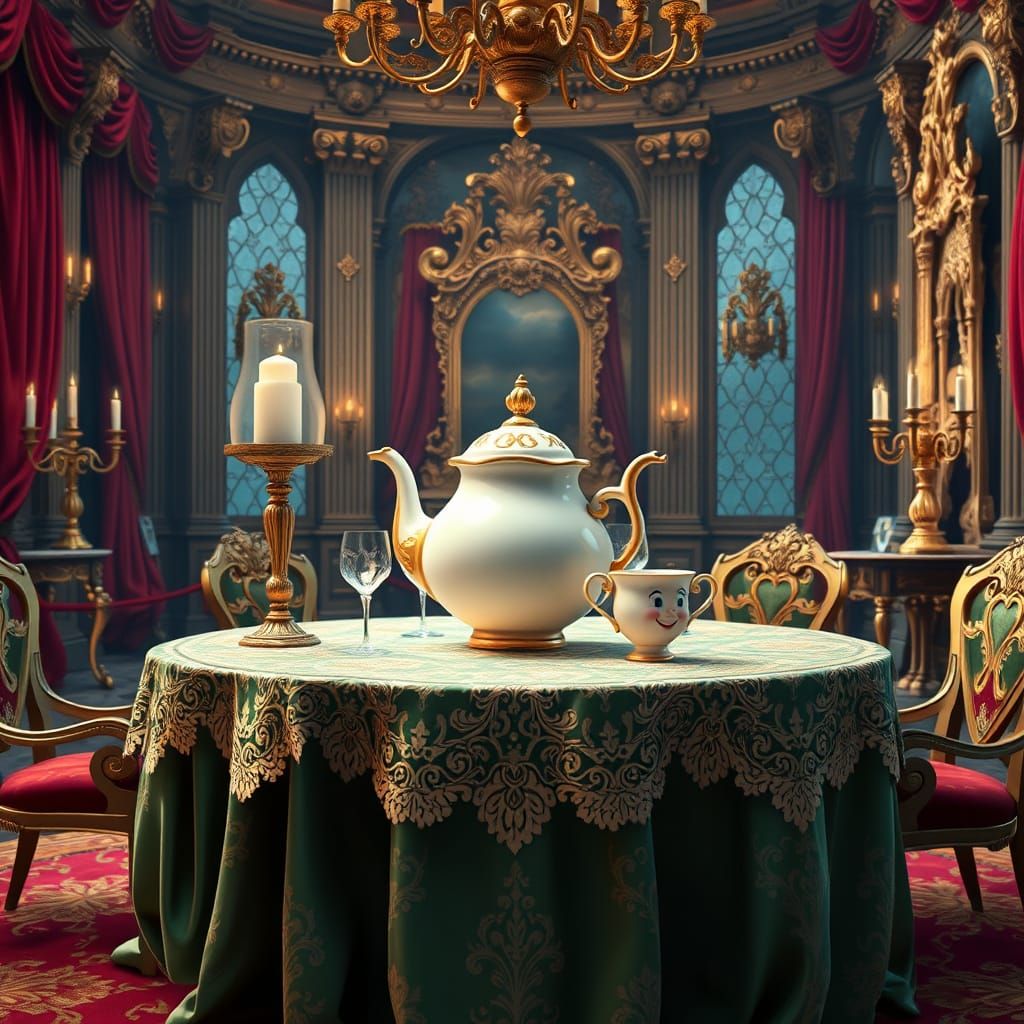 Mrs. Potts and Chip in Whimsical Ballroom Castle Setting