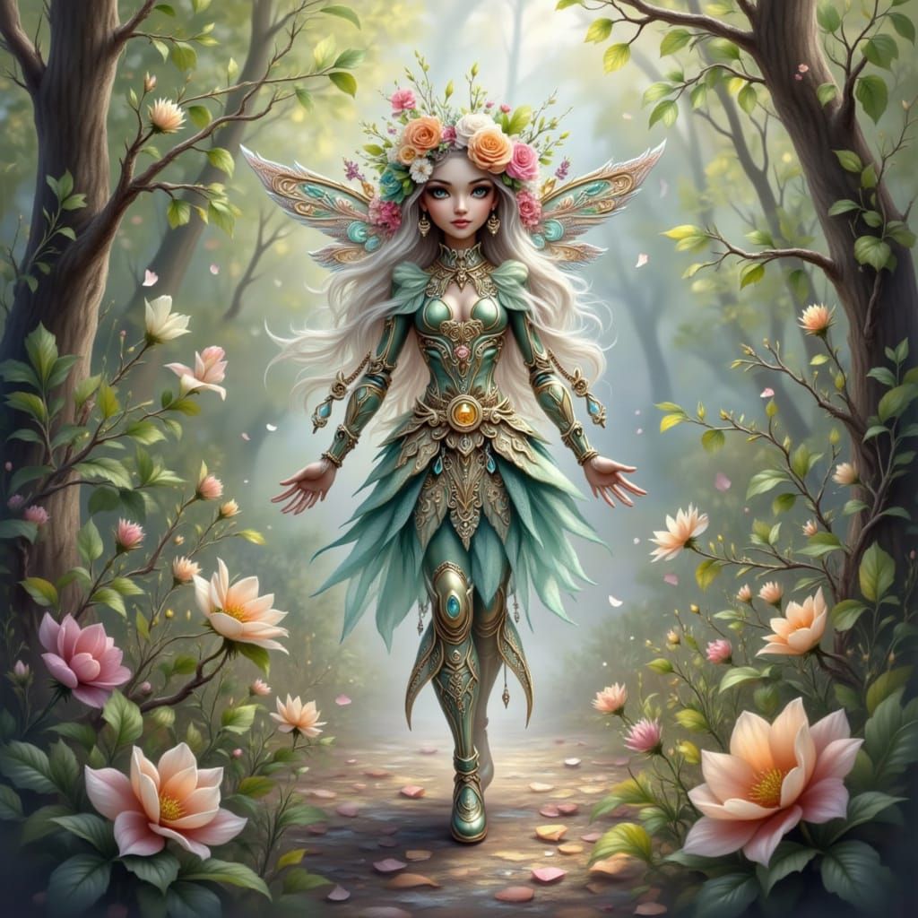 Anime Druid Robot in Sunstone Metal with Forest Flora