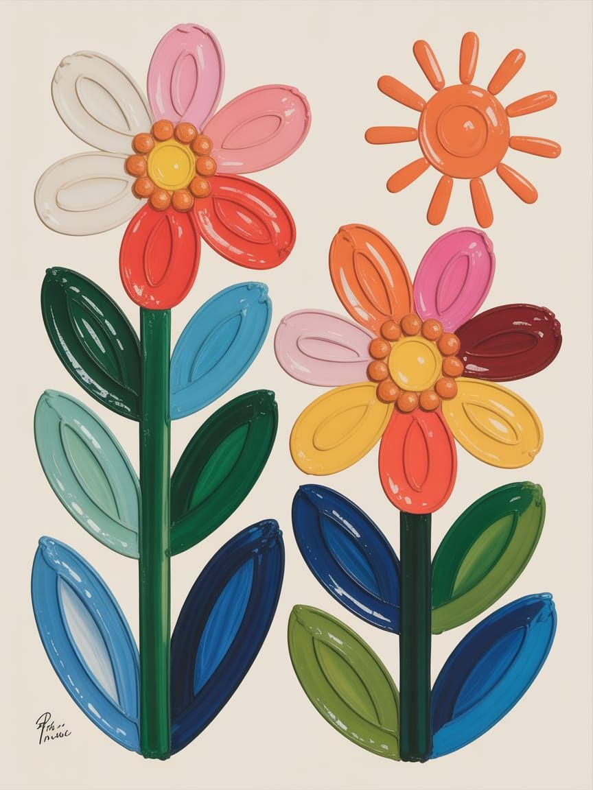 Abstract Botanic Impasto Painting in 70's Style