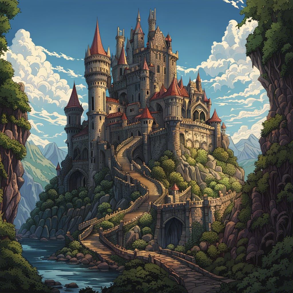 Fairytale Dragon Overlooking Ruined Castle in Anime Style