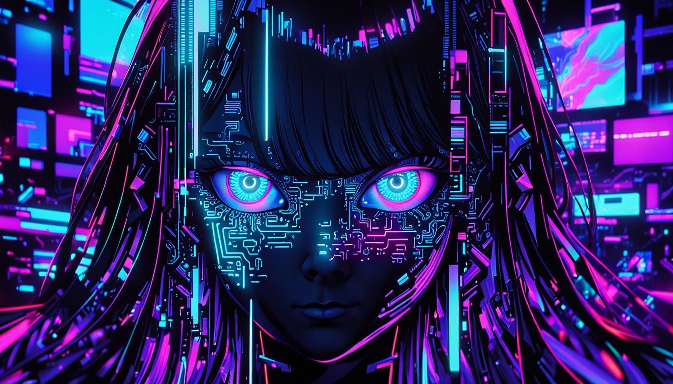 Cyberpunk Anime Girl with Iridescent Cyber Code
