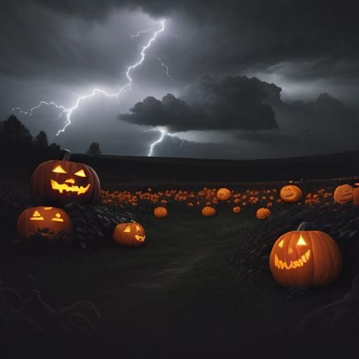 Haunted Pumpkin Patch in Lightning Storm: Surreal Digital Ar...