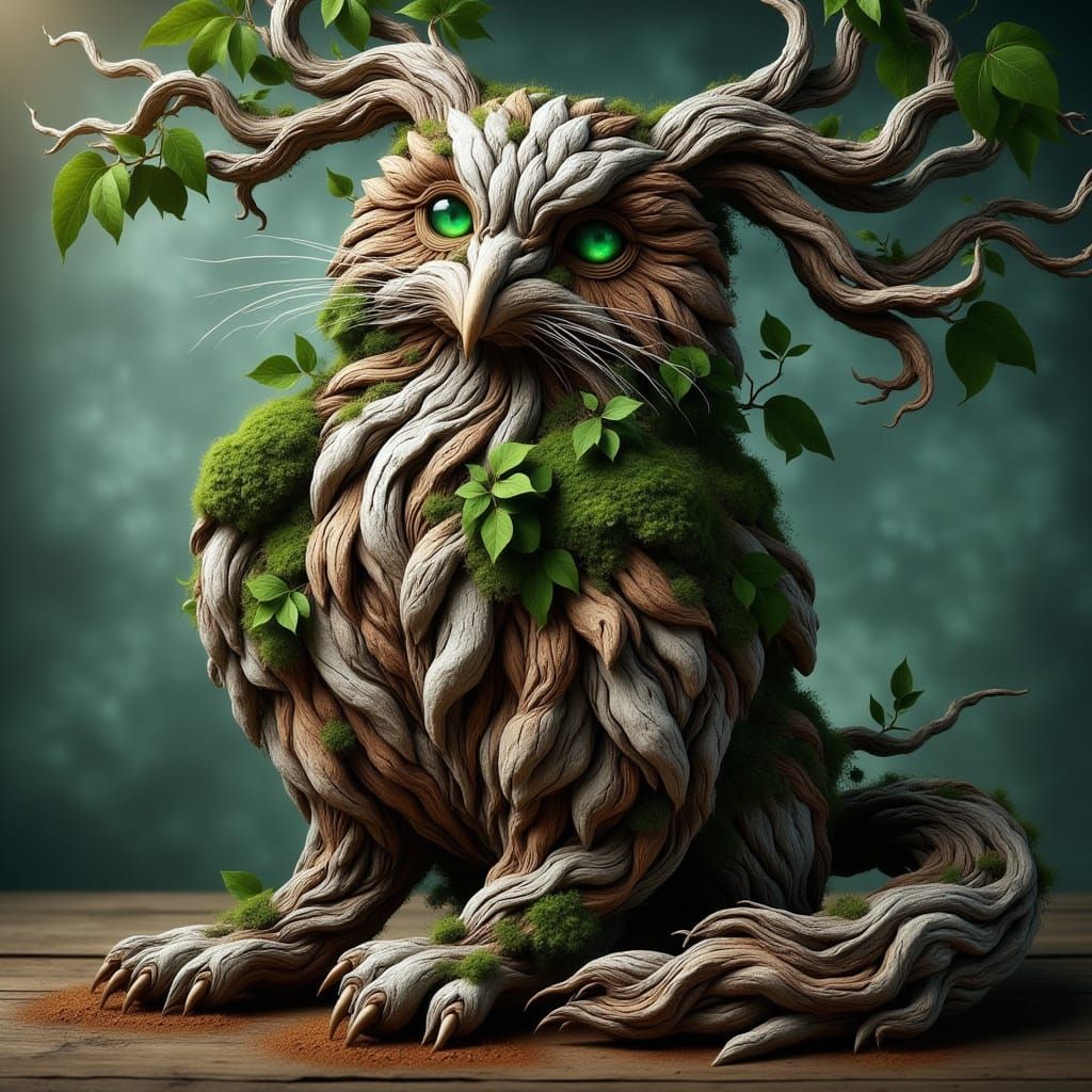 Owl Perched in a Twisted Terra Flux Wisteria Tree