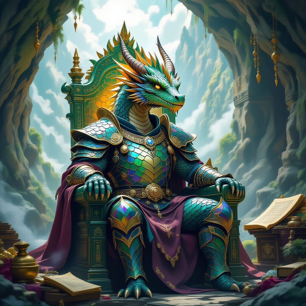 Dragon on Jade Throne in Hyperrealistic Splash Art Style