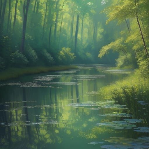 Majestic River Flows Through Lush Forest in Impressionist St...