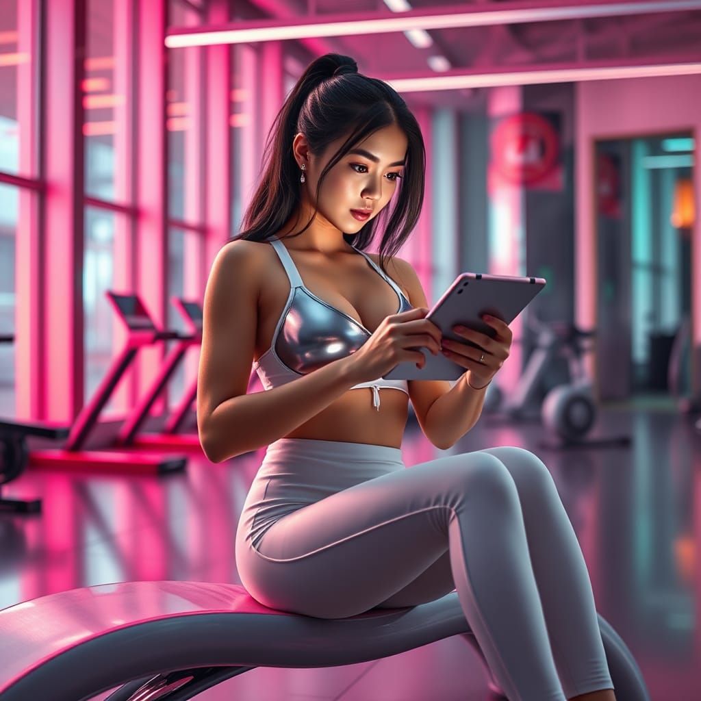 Fit Woman in Gym, Detailed Matte Painting