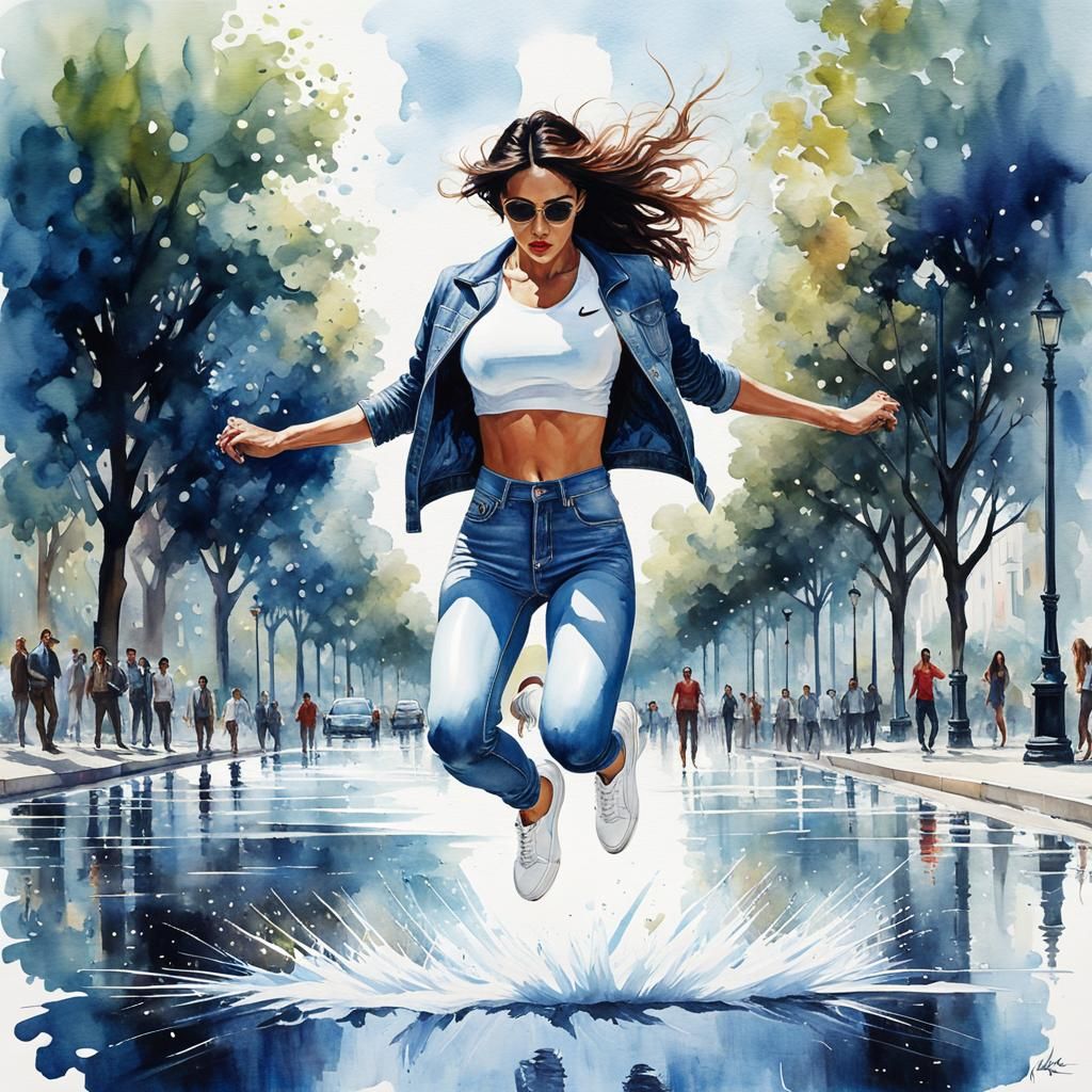 Monica Belucci Jumping Over Puddle: Watercolor Illustration