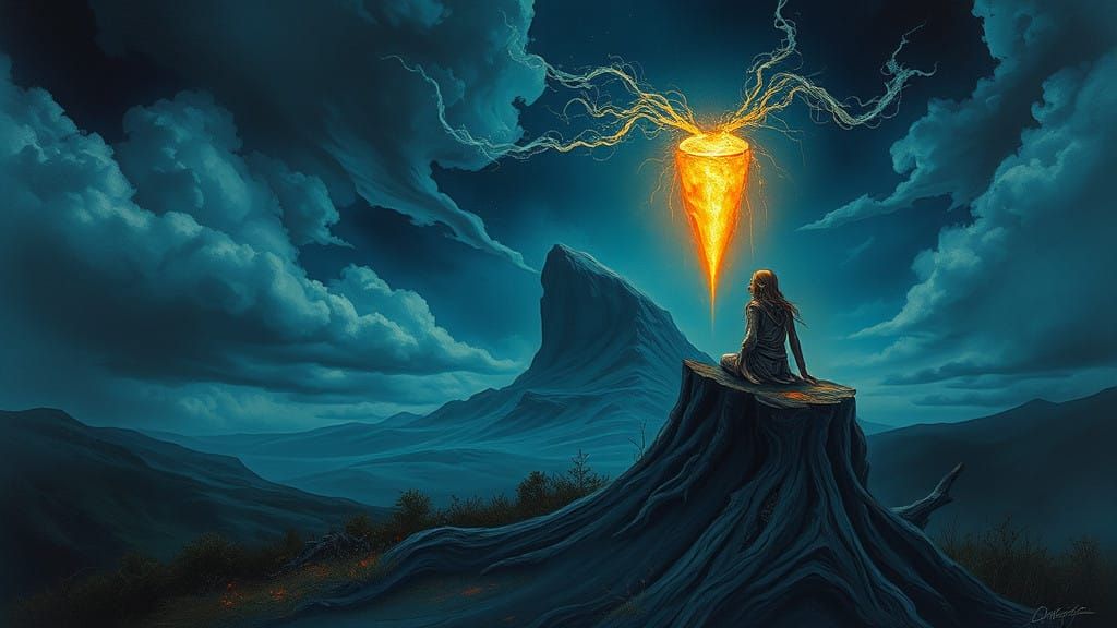 Ethereal Landscape with Glowing Rock and Mysterious Figure