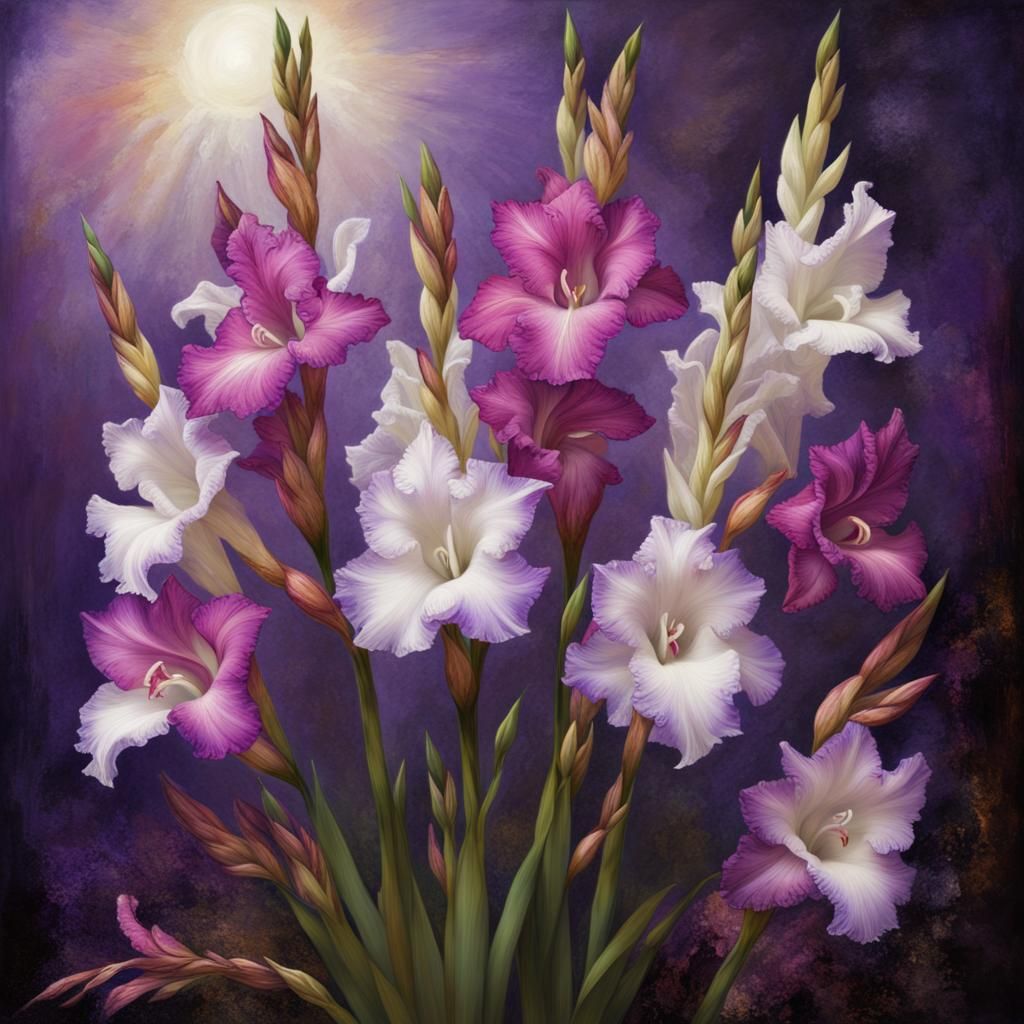 Purple Gladiolus Flowers: Dramatic Digital Painting