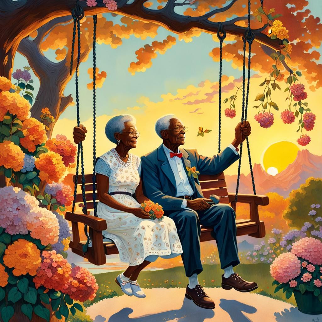 Elderly Couple on Swing in Rockwell Style