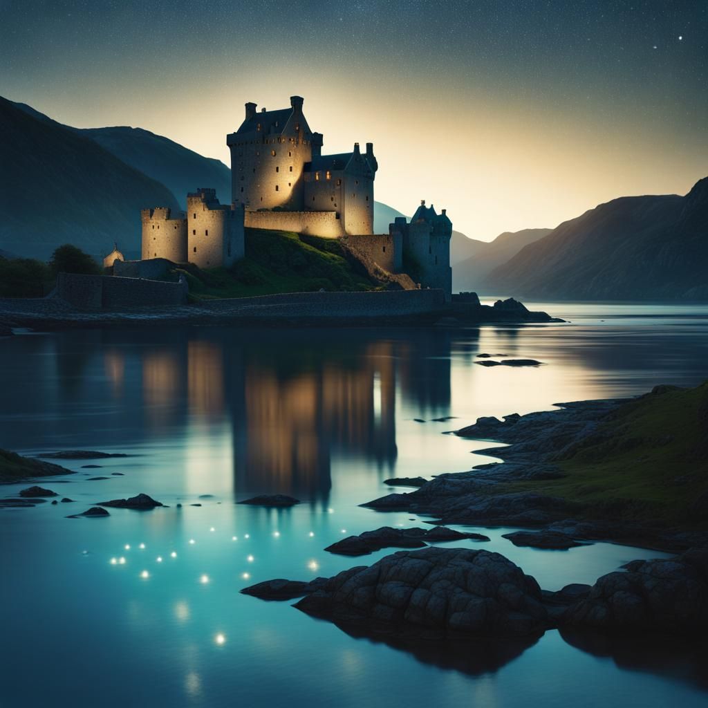 Eilean Donan Castle at Sunrise: Hyperrealism Concept Art