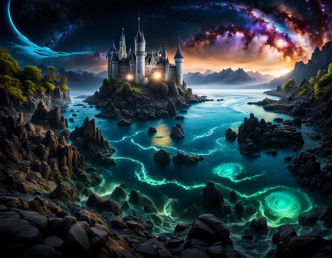 Bioluminescent Underwater World with Medieval Castle