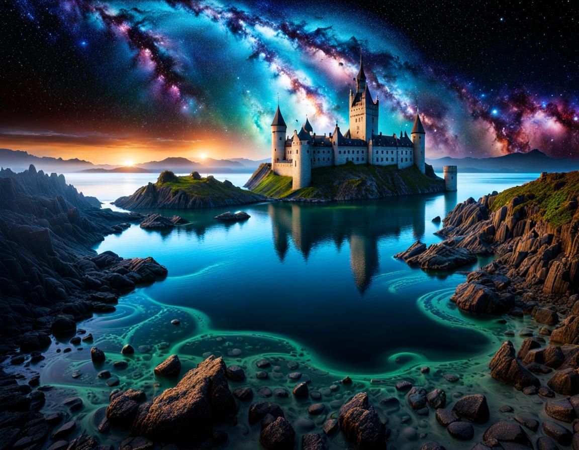 Bioluminescent Underwater World with Medieval Castle