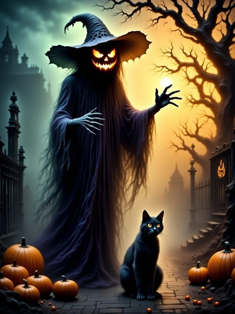 Halloween Witch and Cat Conjuring a Spell