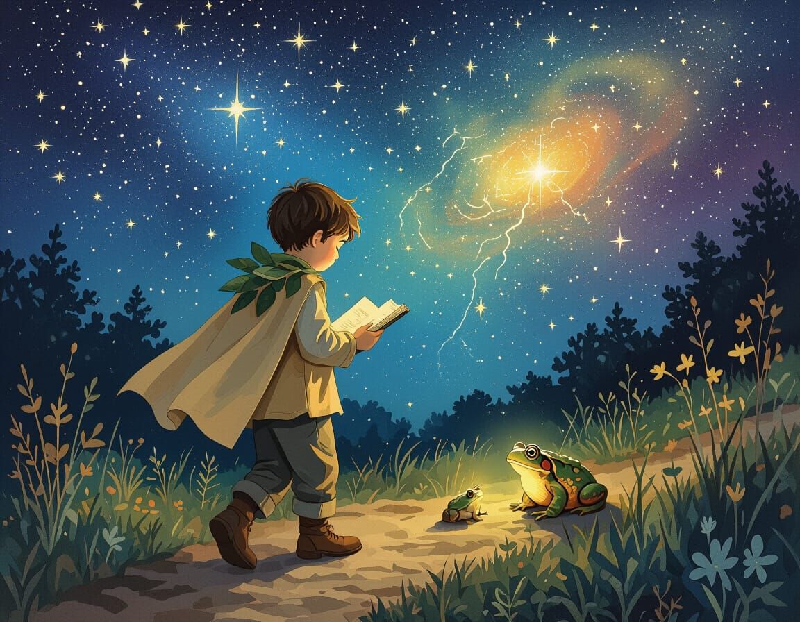 Boy Sketching Under a Cosmic Starry Night Sky with Toad
