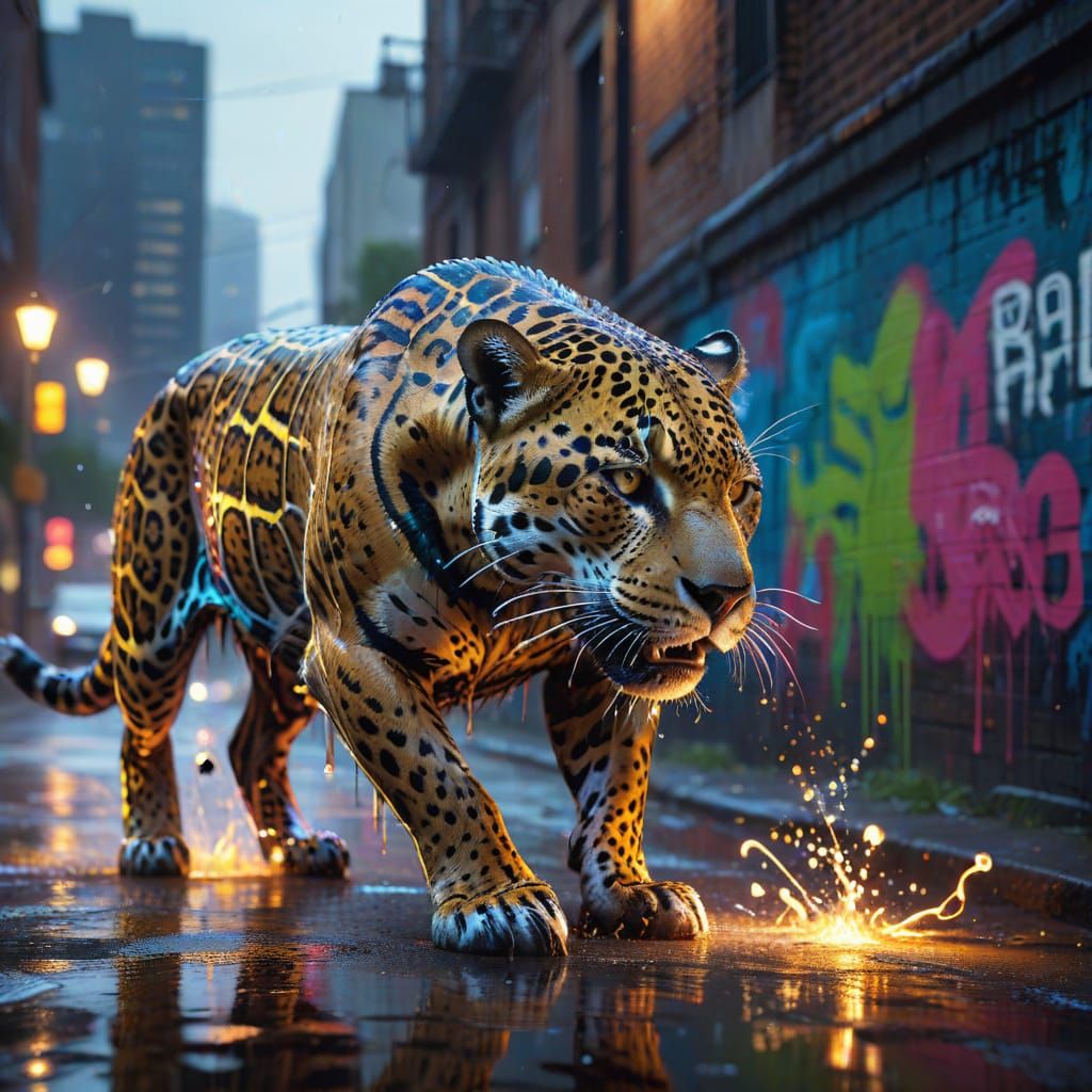 Jaguar Stalks Cityscape in Vibrant Graffiti Art Style