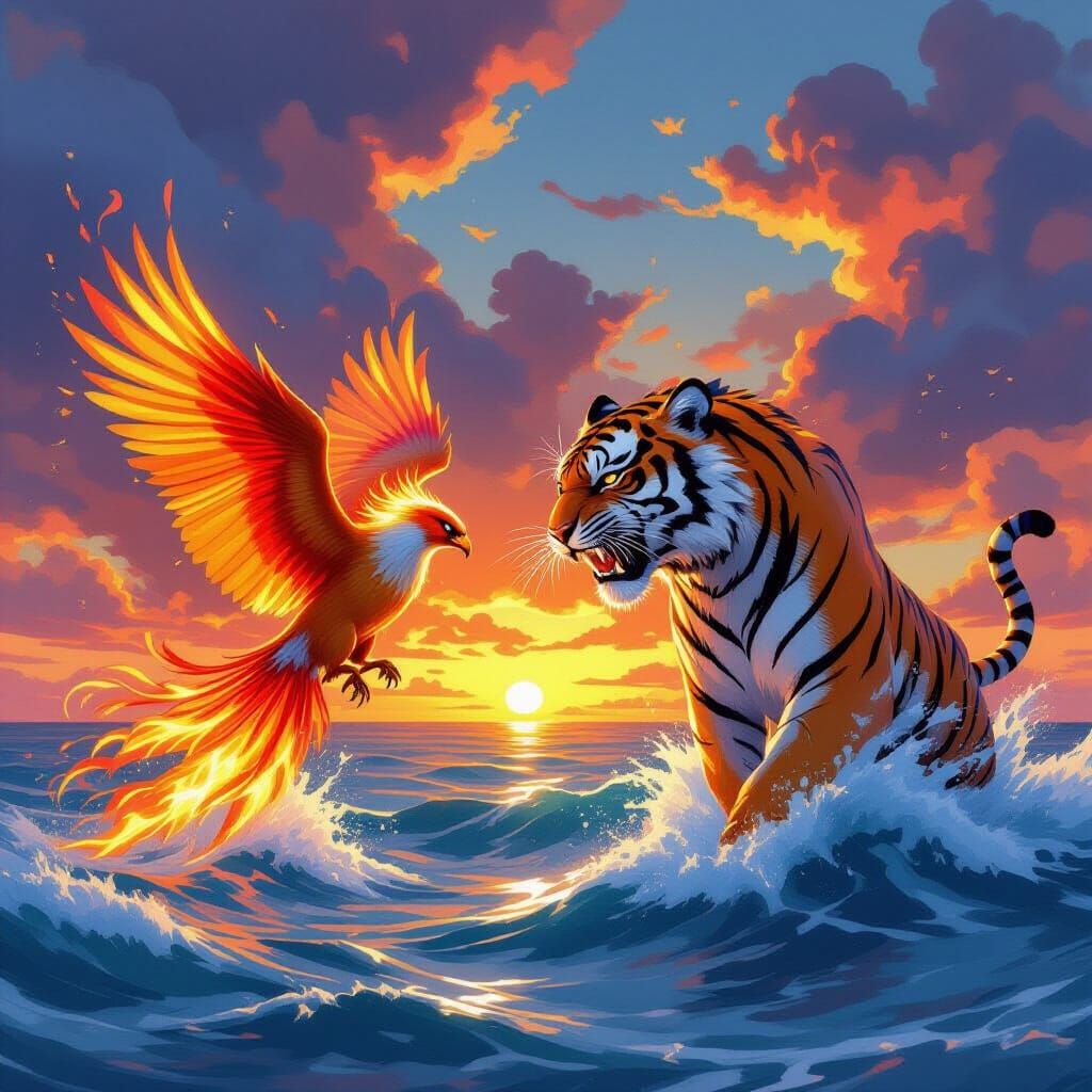 Firebird vs. Water Tiger in Sunset Clash, Watercolor Style