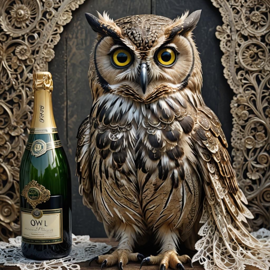 Owl in Lace Dress Celebrates with Champagne
